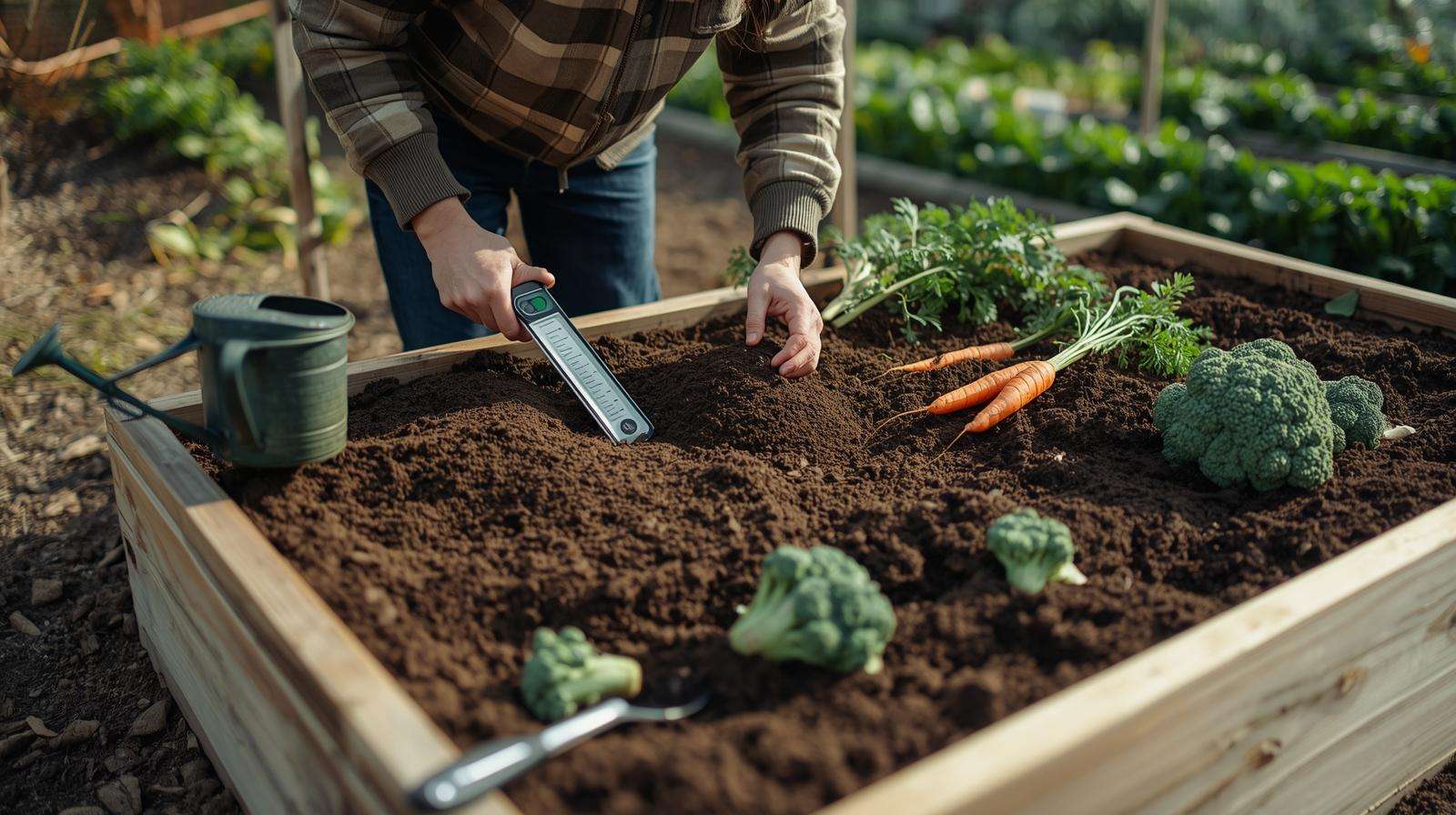 Gardener preparing soil with compost and pH testing for growing vegetables for a Christmas vegetable tray.