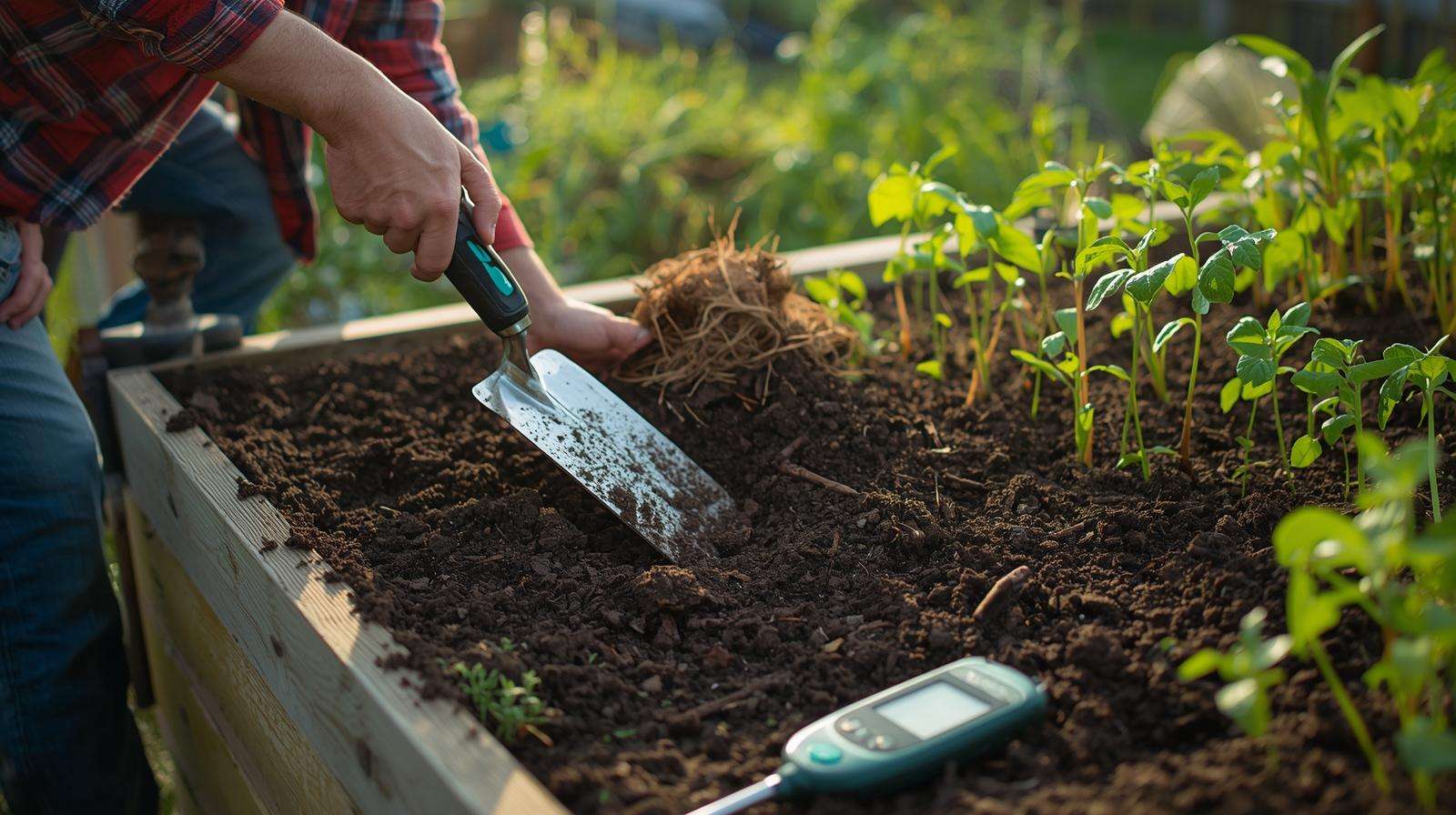 Gardener preparing soil with compost for planting quick growing vegetables like lettuce and radishes.