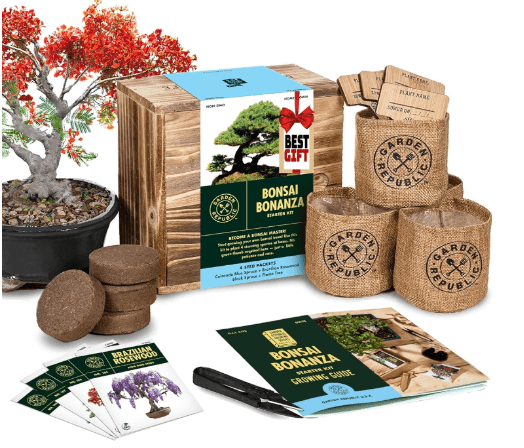Garden Republic Bonsai Tree Kit - Mini Bonsai Seeds, 4 Types - Seed Starter Plant Growing Kit - Potting Soil Jute Bags Pruning Shears Scissor Tool Plant Markers - Gardening Gifts