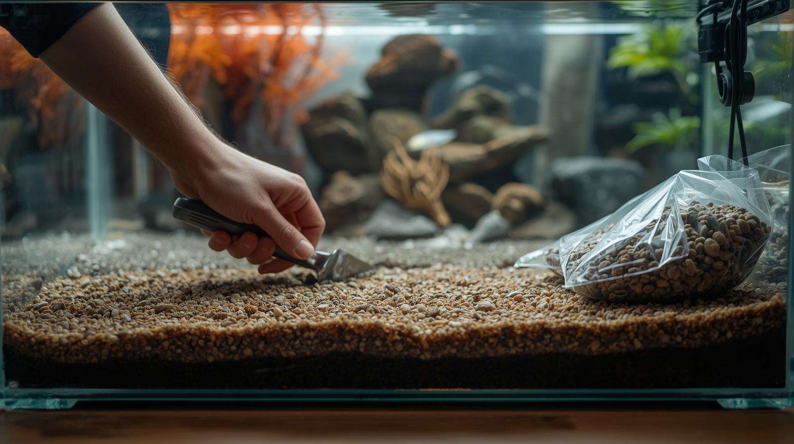 Aquarist layering aquatic soil for fish tanks with gravel during aquarium setup.