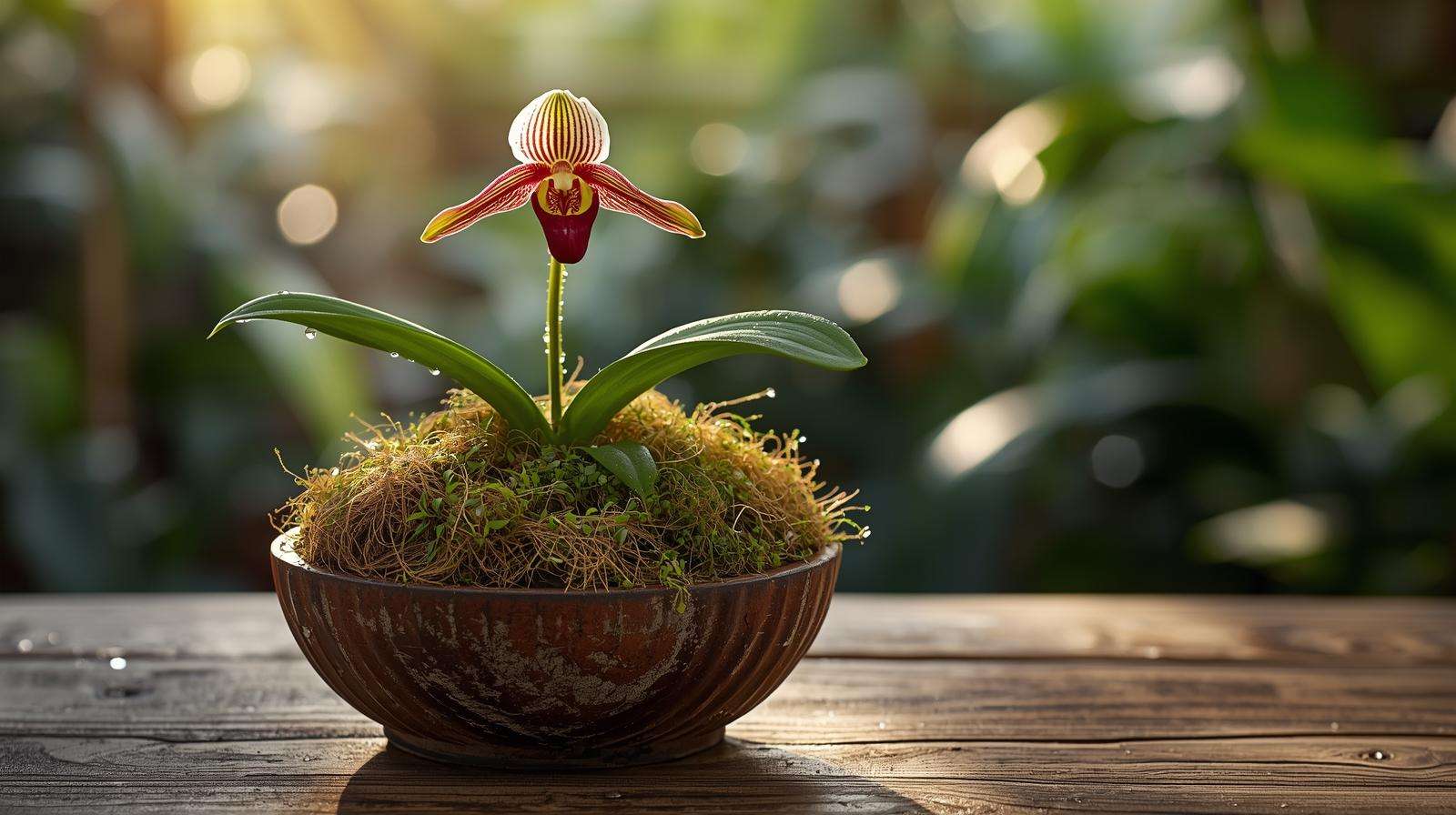 Paphiopedilum thriving in orchid soils with sphagnum moss and coir blend.