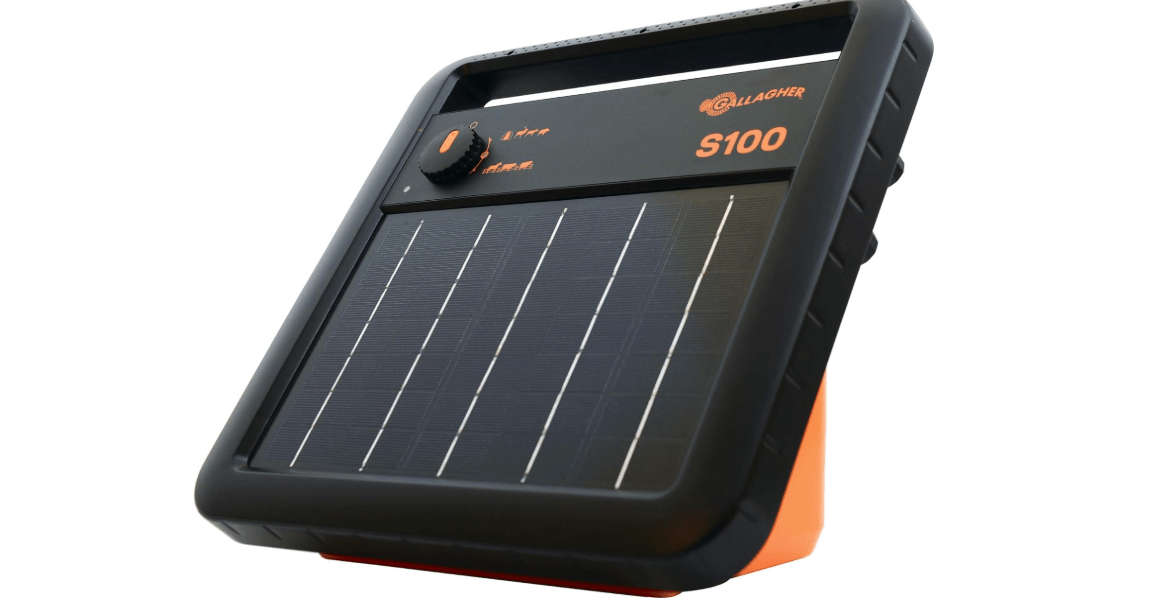 Gallagher S100 Solar Electric Fence Charger | Powers Up to 30 Mile / 100 Acres of Fence | Low Impedance, 1.0 Stored Joule Energizer | Battery Saving Technology | Solar Battery & Leadsets Included