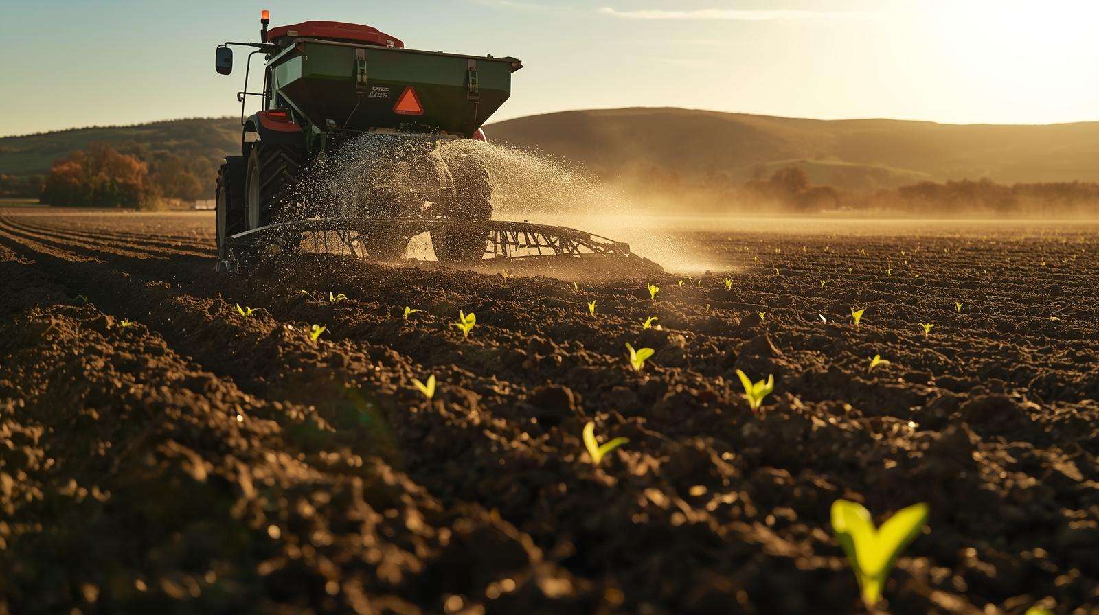 Farmer using gypsum soil enhancer to improve clay soil for crops.