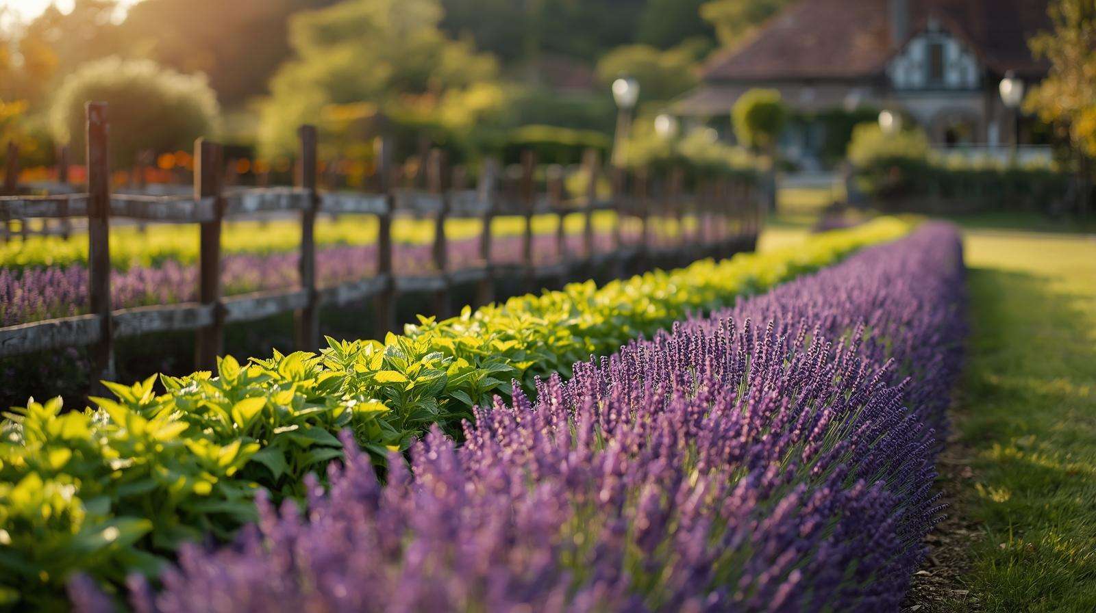 Garden with mint and lavender plants for natural roach repellent landscaping.
