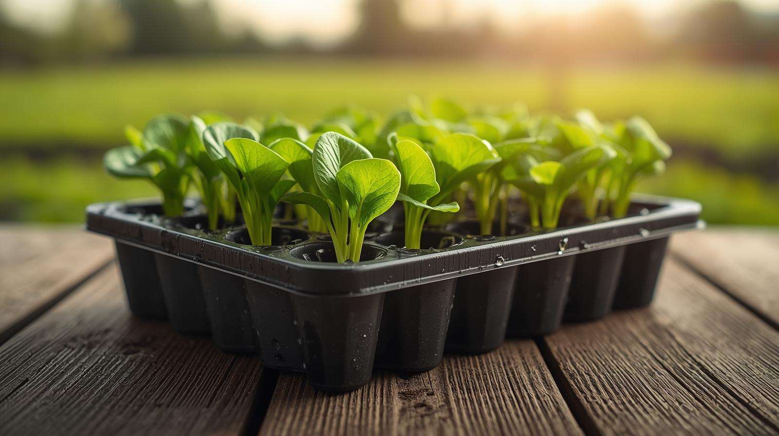 Close-up of a plastic seedling tray with healthy lettuce seedlings, showcasing drainage holes and sturdy design on a wooden surface, emphasizing key features of trays for vegetables for farm efficiency.