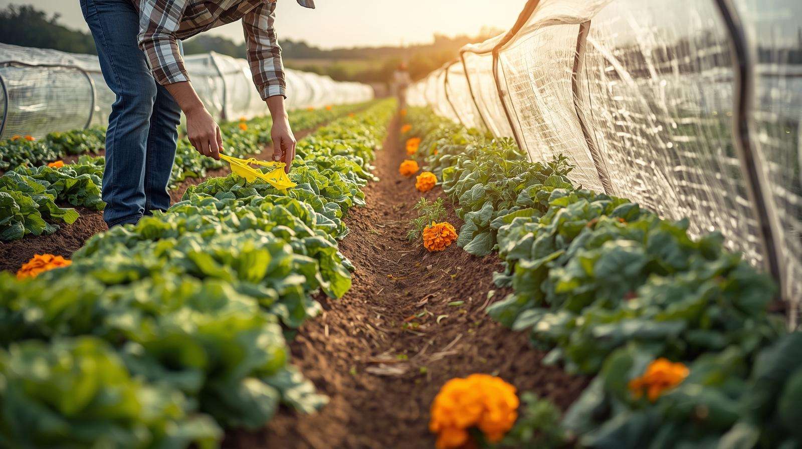 Farmer setting up a sticky trap and row cover in a lush lettuce and cabbage field with marigolds and ladybugs, showcasing prime pest control strategies for sustainable farming.