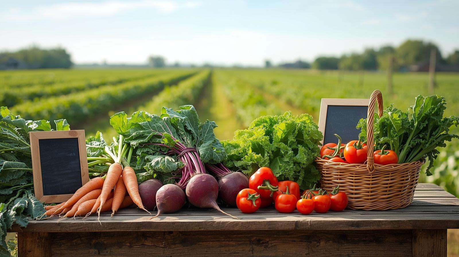 Colorful display of carrots, lettuce, and tomatoes on a rustic farm table, evoking vegetable puns with a vibrant, sunlit farm field background.