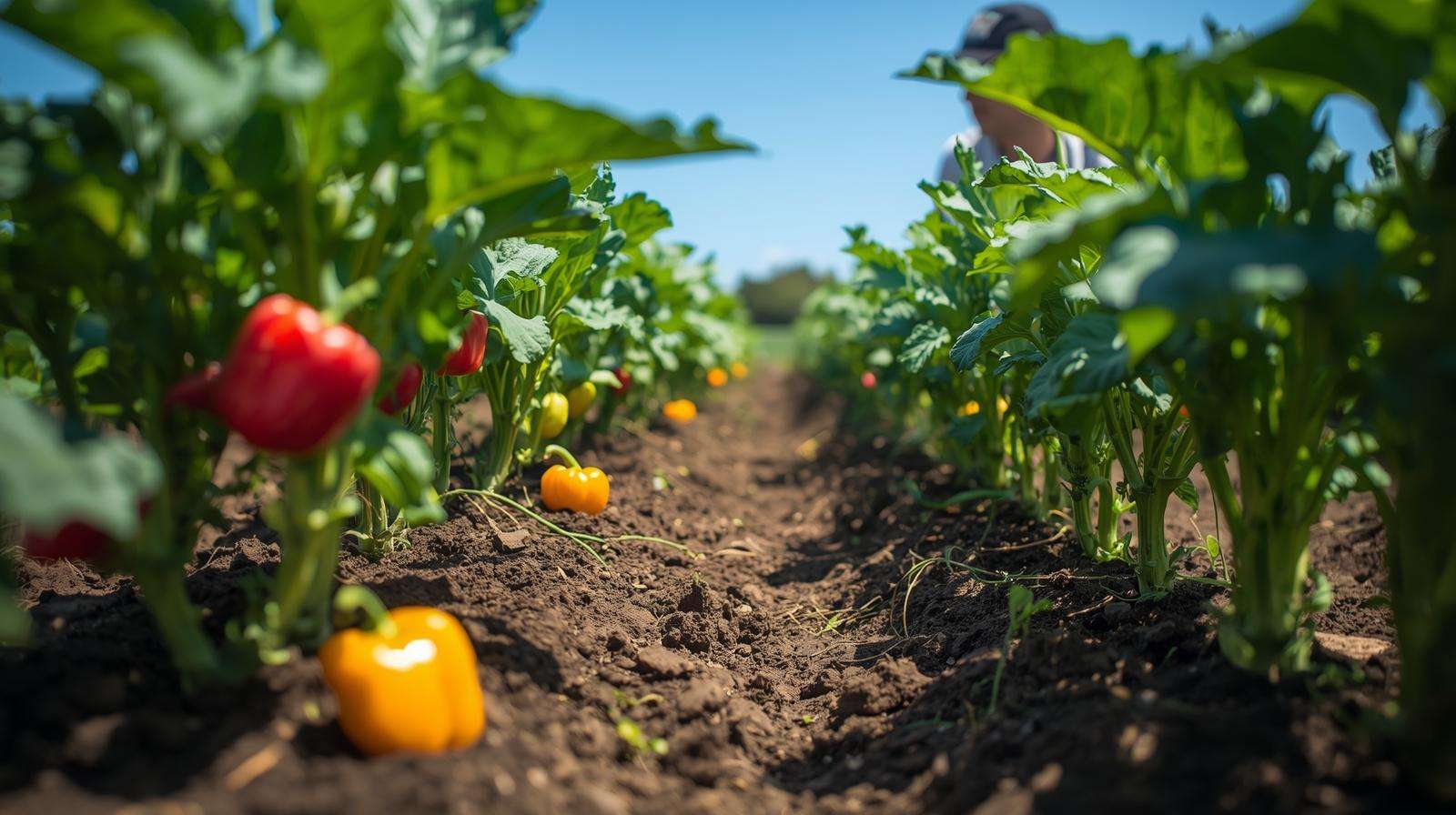 Thriving garden with tomatoes and kale in rich soil with visible roots and microbial life, highlighting benefits of a good soil community in a sunlit field.
