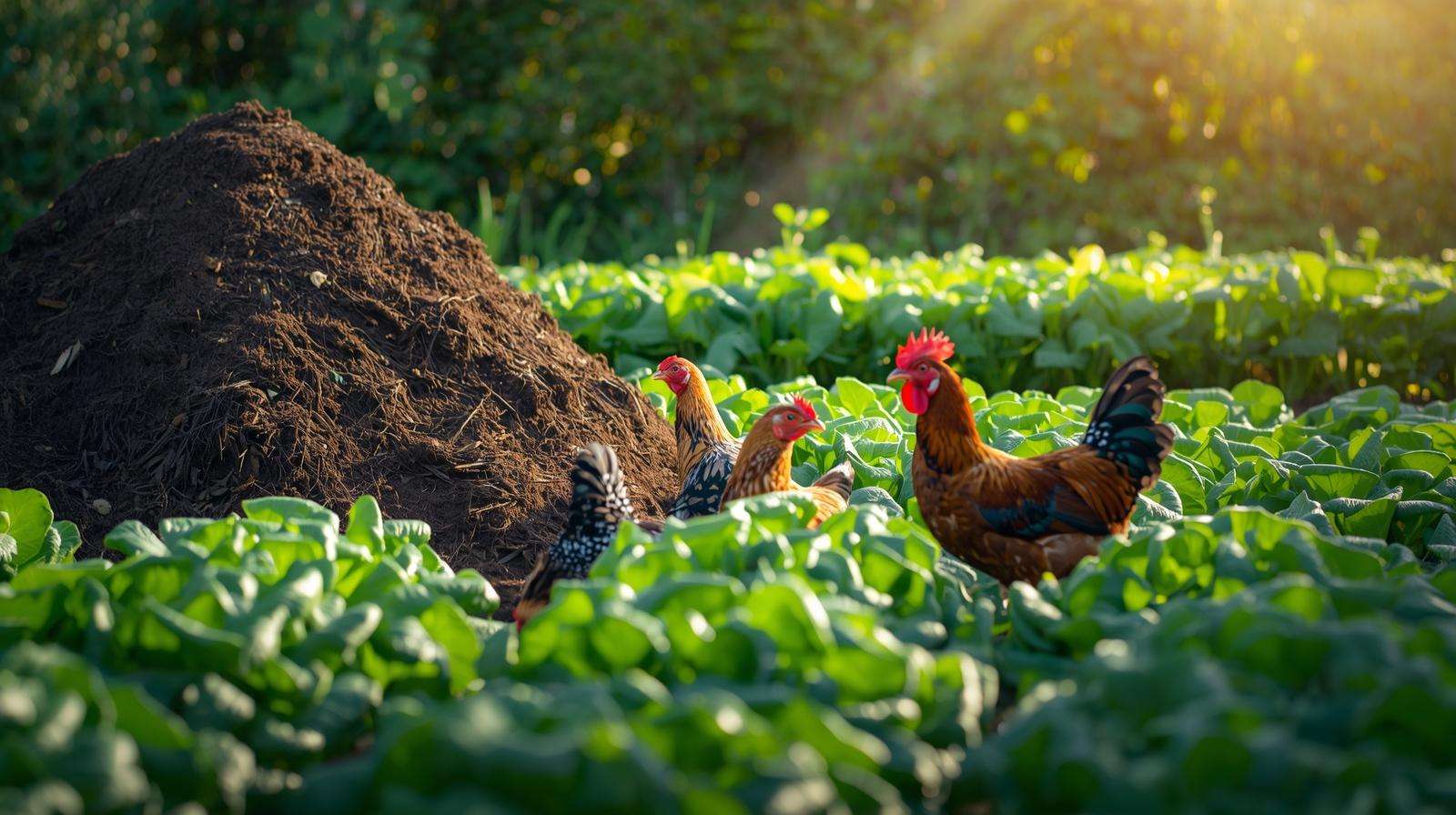 Chickens enhancing a permaculture garden with crops and compost heap