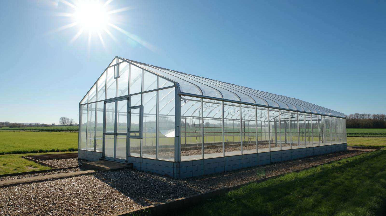Modern greenhouse with durable greenhouse sheeting polycarbonate panels under a sunny sky, showcasing strength and crop protection.