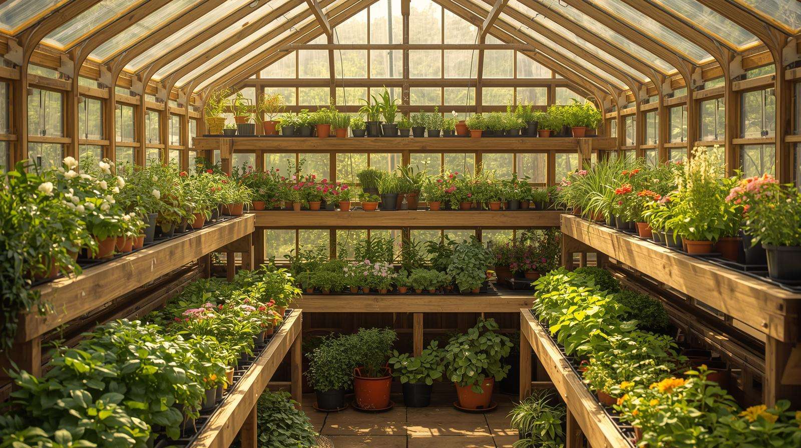 DIY pallet-style greenhouse benches made from repurposed wood, holding vegetable seedlings in a rustic greenhouse.