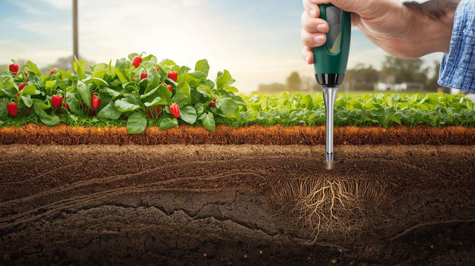 Gardener inspecting a soil core from a soil sample probe in a thriving garden with peppers and lettuce, showcasing soil health benefits.