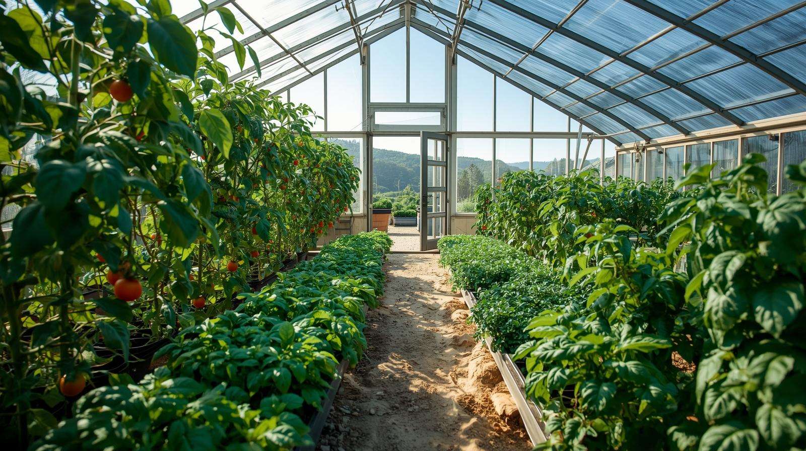 Vibrant hilltop greenhouse interior with rows of tomatoes, basil, and kale thriving under natural sunlight.