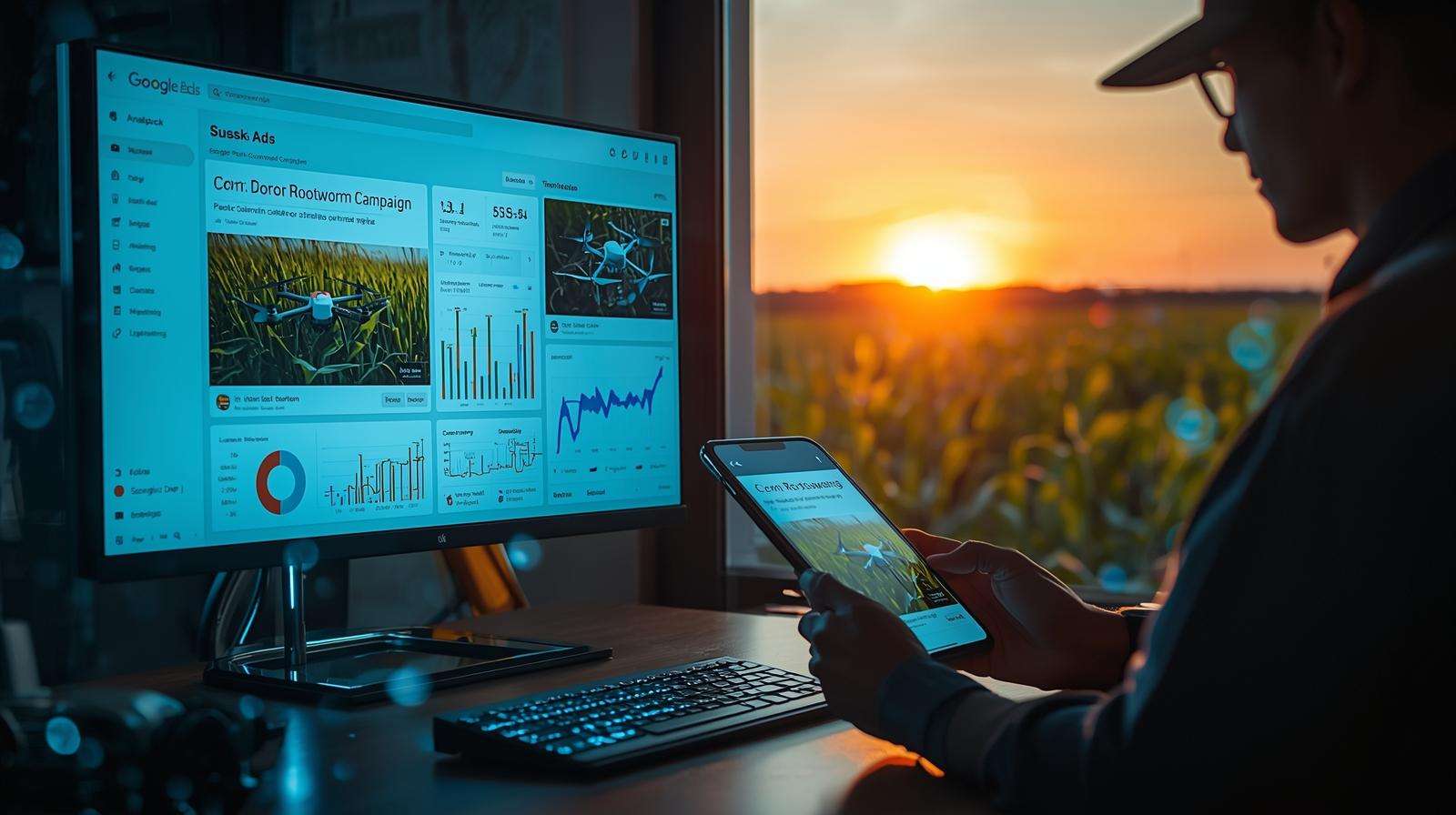 Farmer analyzing pest control advertising performance on Google Ads and Facebook in a modern farm office with healthy fields outside.