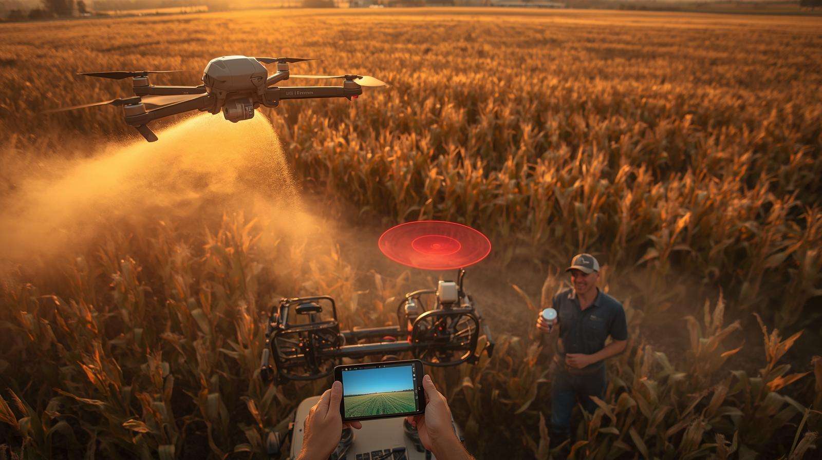 Drone spraying corn with tablet GPS and variable-rate nozzle, demonstrating best tools for pest management in precision agriculture.