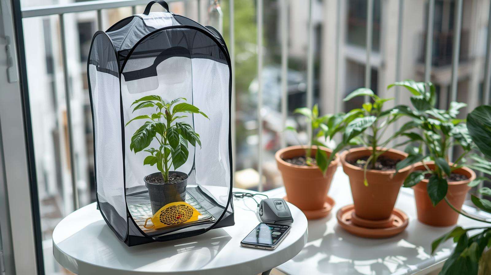 Balcony plant in mesh quarantine tent with sticky trap, fan, and DE moat, demonstrating preventive apartment pest control for urban farmers.