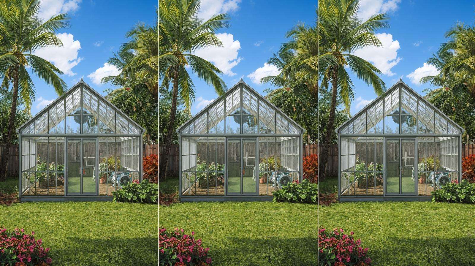 Comparison of polycarbonate, glass, and polyethylene greenhouses in a Florida backyard, highlighting ventilation and durability features