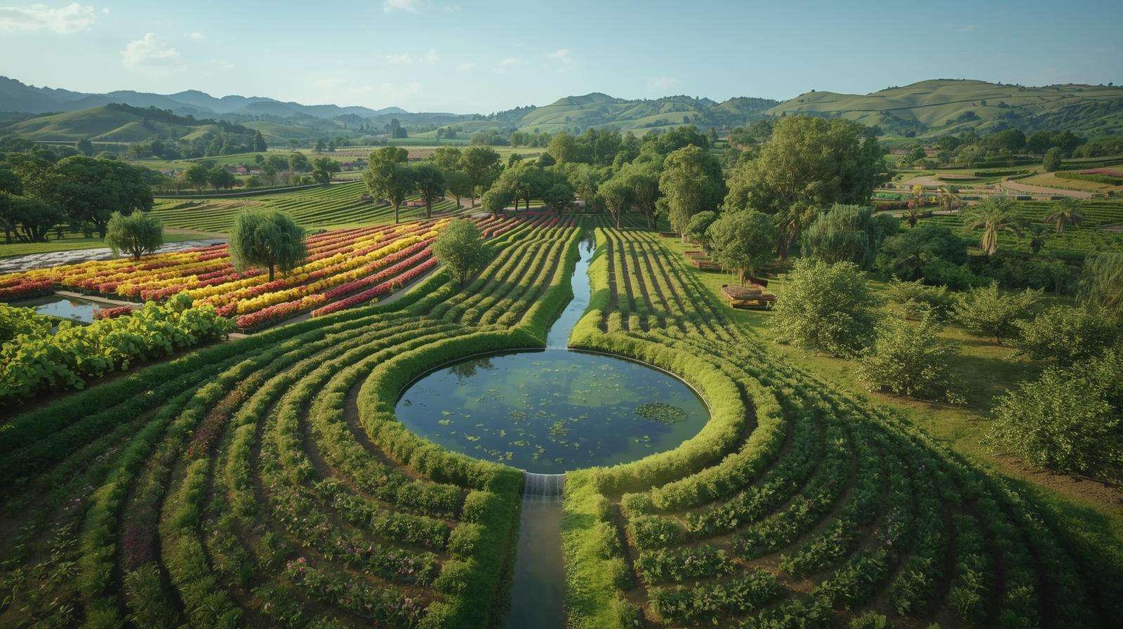 Aerial view of a permaculture farm with swales and pond for water management
