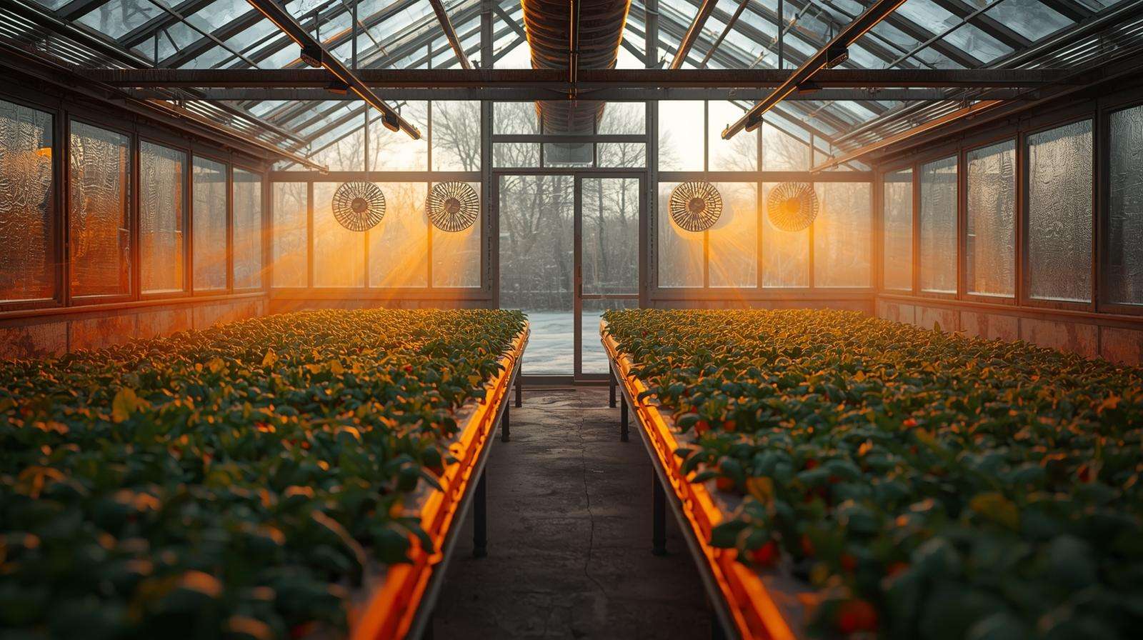 Greenhouse with fans circulating warm air from a furnace, heating tomato and lettuce plants during winter for optimal growth.