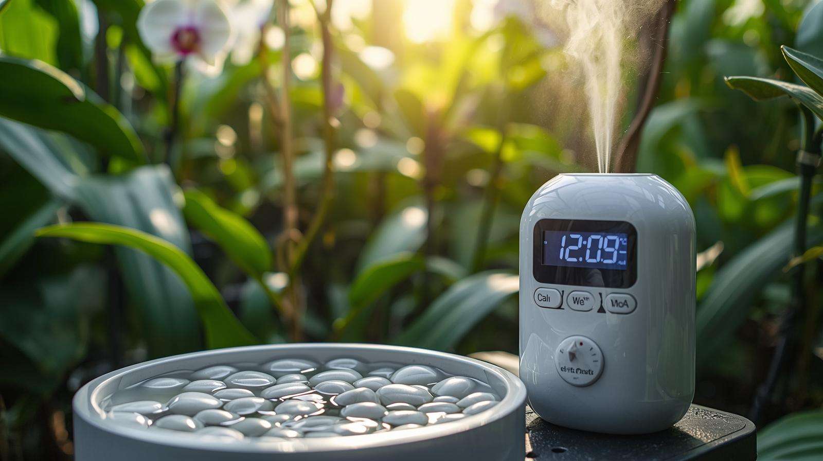Orchid greenhouse humidity setup with hygrometer, pebble tray, and humidifier.