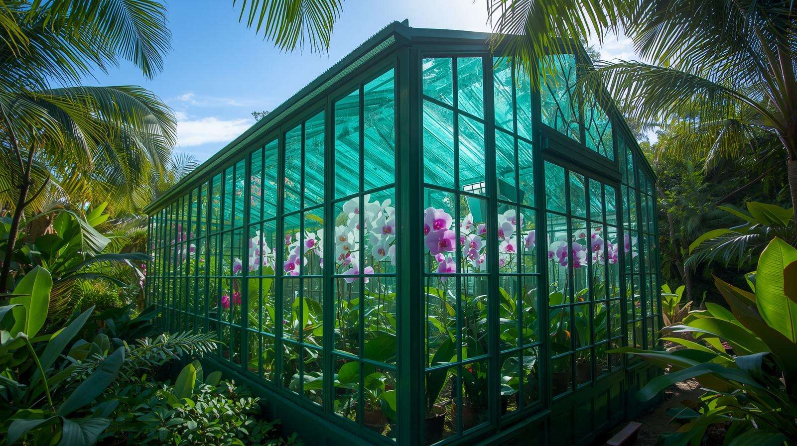 Elegant greenhouse with green-tinted glass panels growing orchids in a tropical setting.