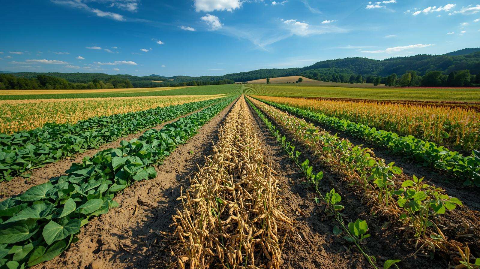 Diverse crop rotation field with legumes, cereals, and cover crops for sustainable farming.