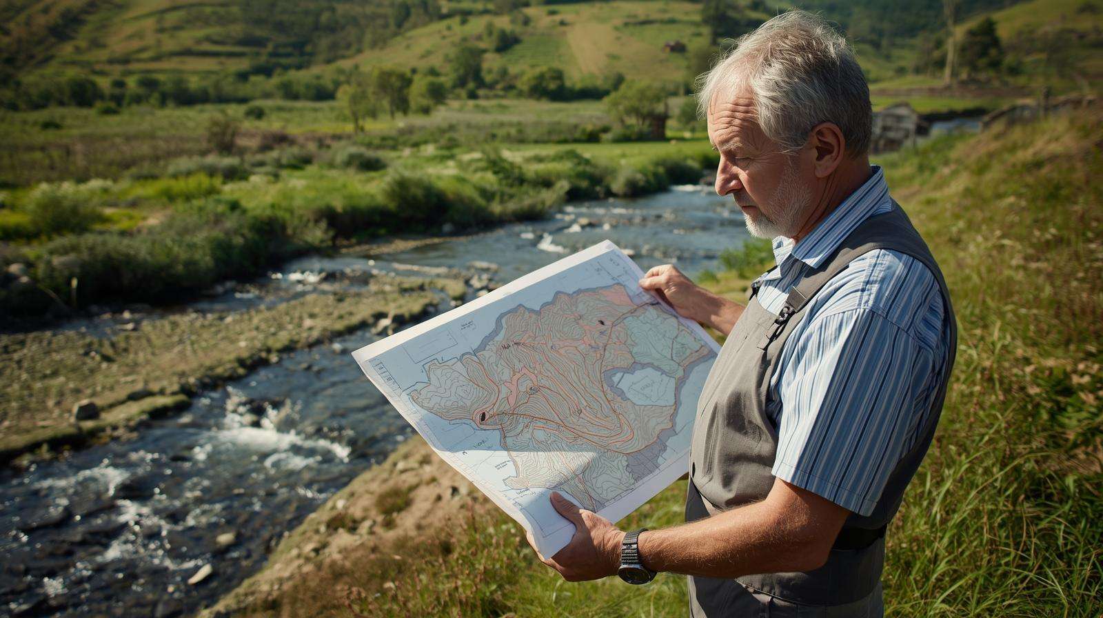 Farmer assessing land for permaculture pond with contour map and natural water flow