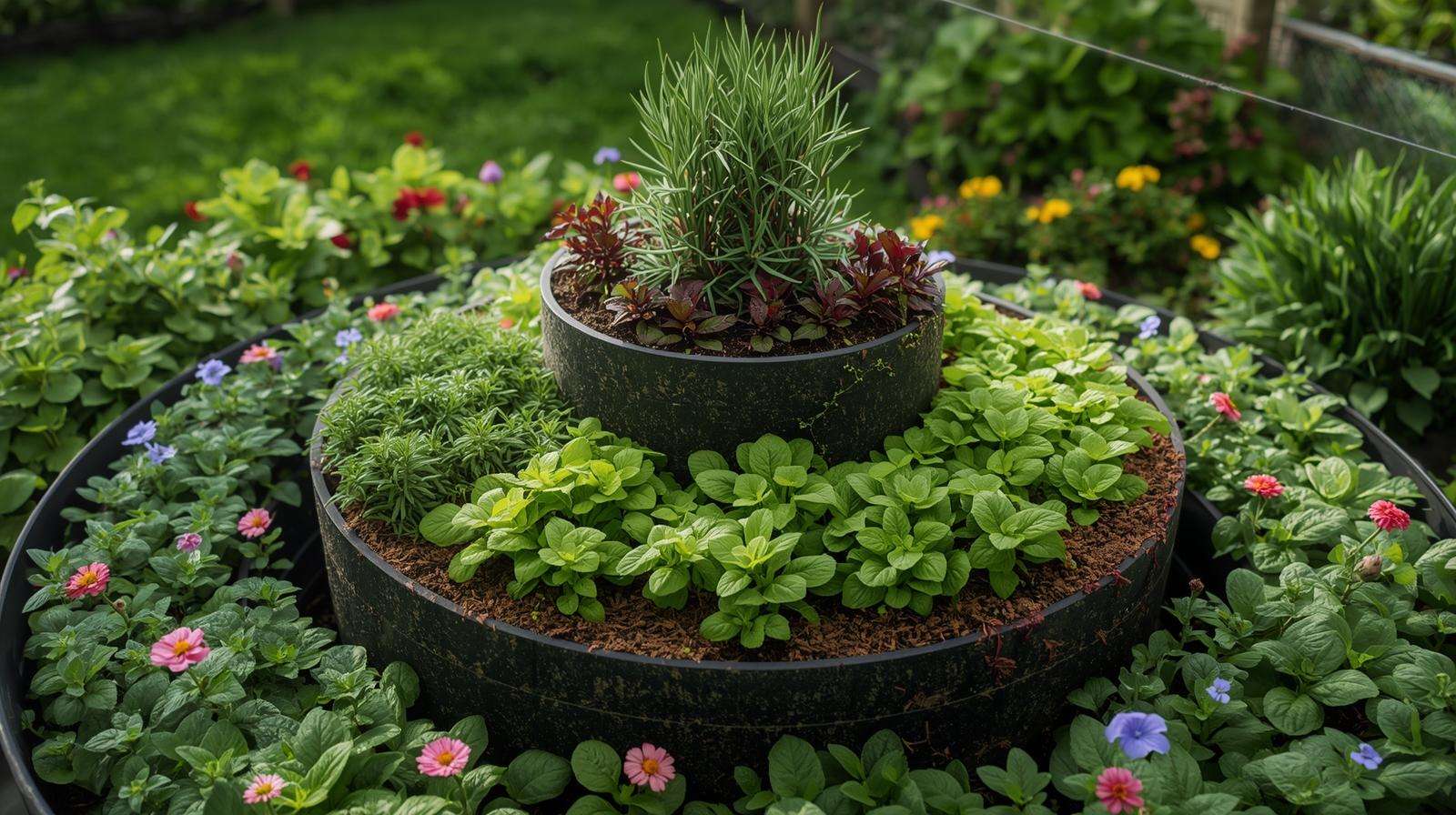 Microclimate zones in a permaculture spiral garden with diverse plants and drip irrigation.