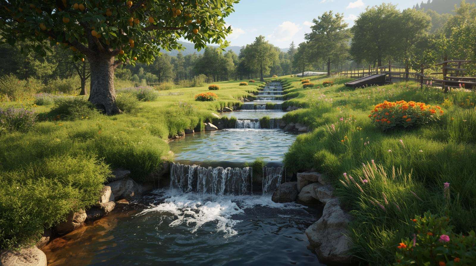 Permaculture swale harvesting rainwater for energy storage in an ecological farm design.