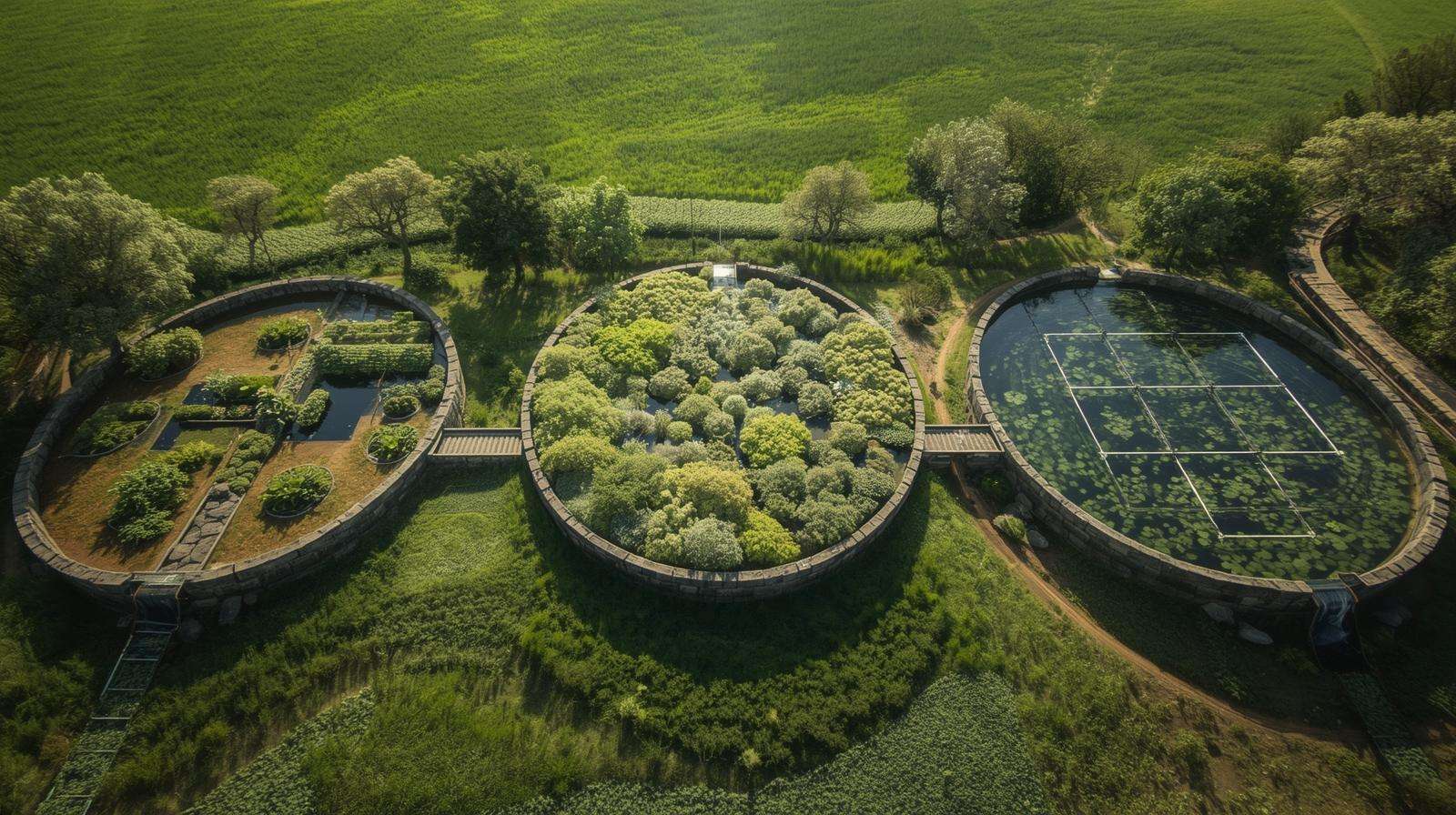 Permaculture ecological tanks sized for homestead, small farm, and commercial scales with layout blueprint