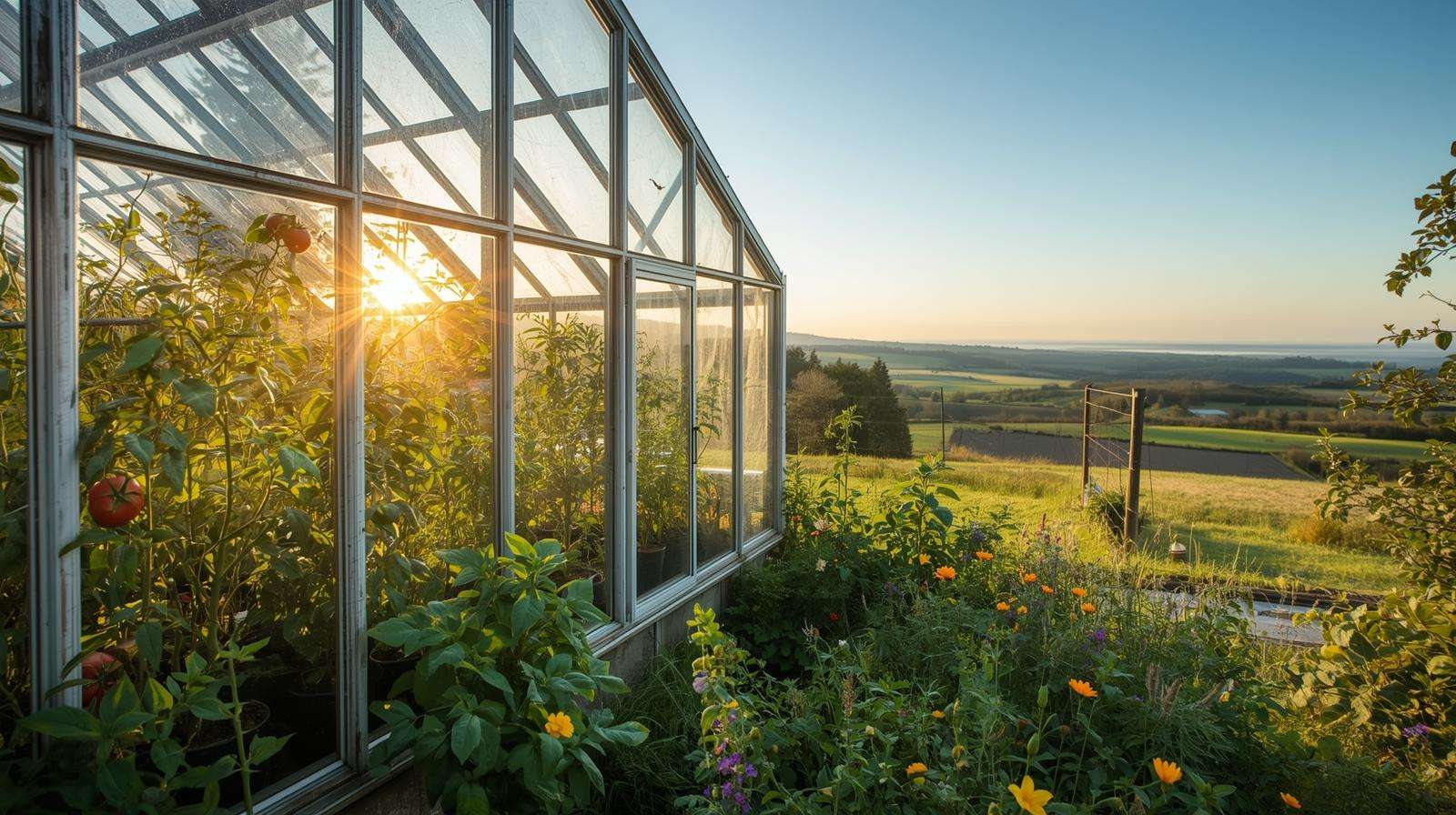 Greenhouse with ecological windows in a permaculture farm growing tomatoes and herbs with natural light.