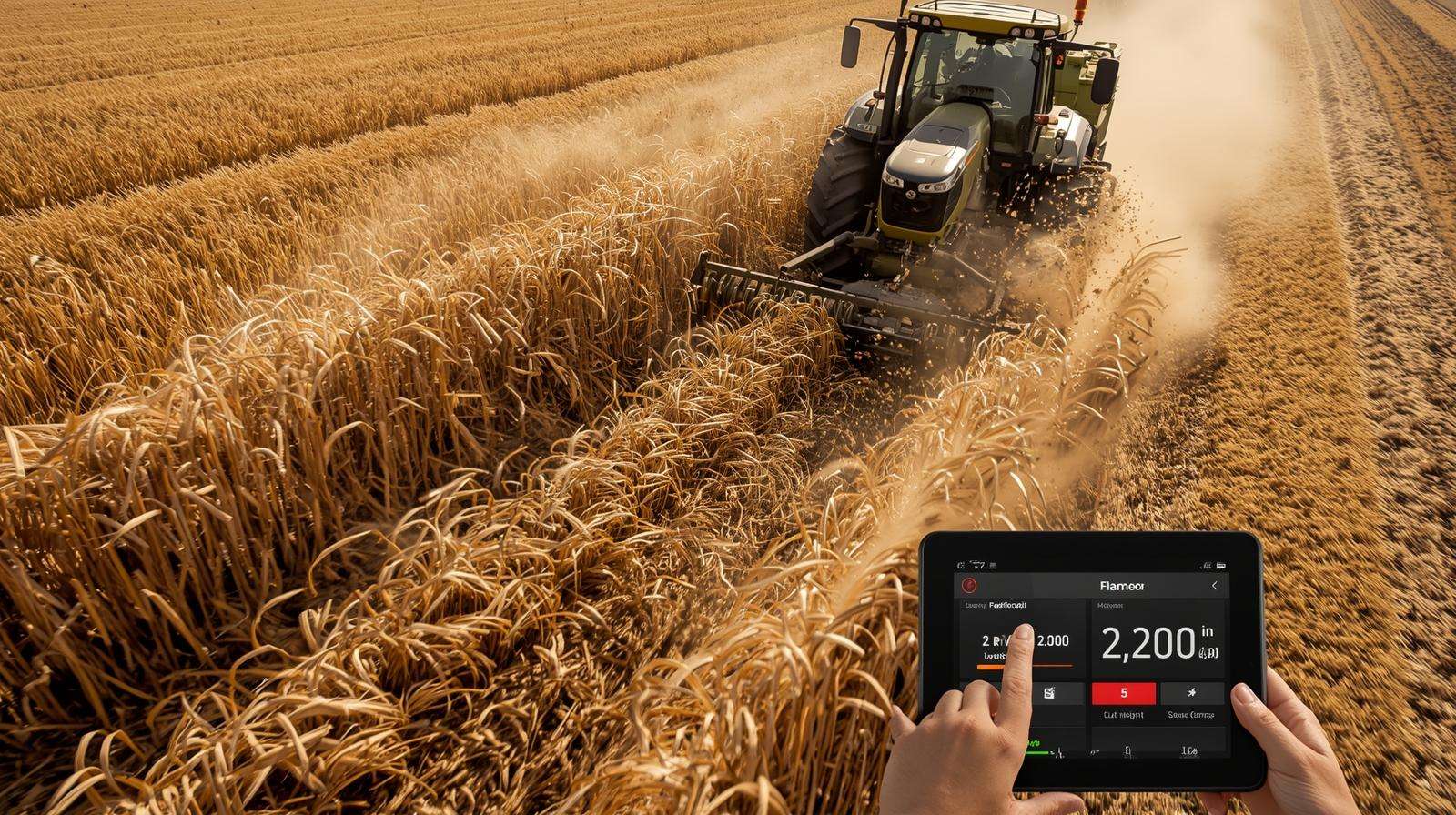 Flail mower shredding rye into perfect mulch layer with roller-crimper and tablet settings, demonstrating mulch and mow equipment in action.