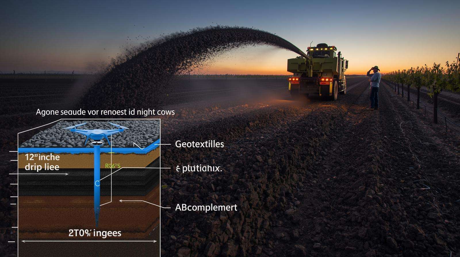 Rock slinger applying 3” lava stone mulch over drip tape and geotextile in vineyard, with drone mapping, demonstrating stone mulch installation.