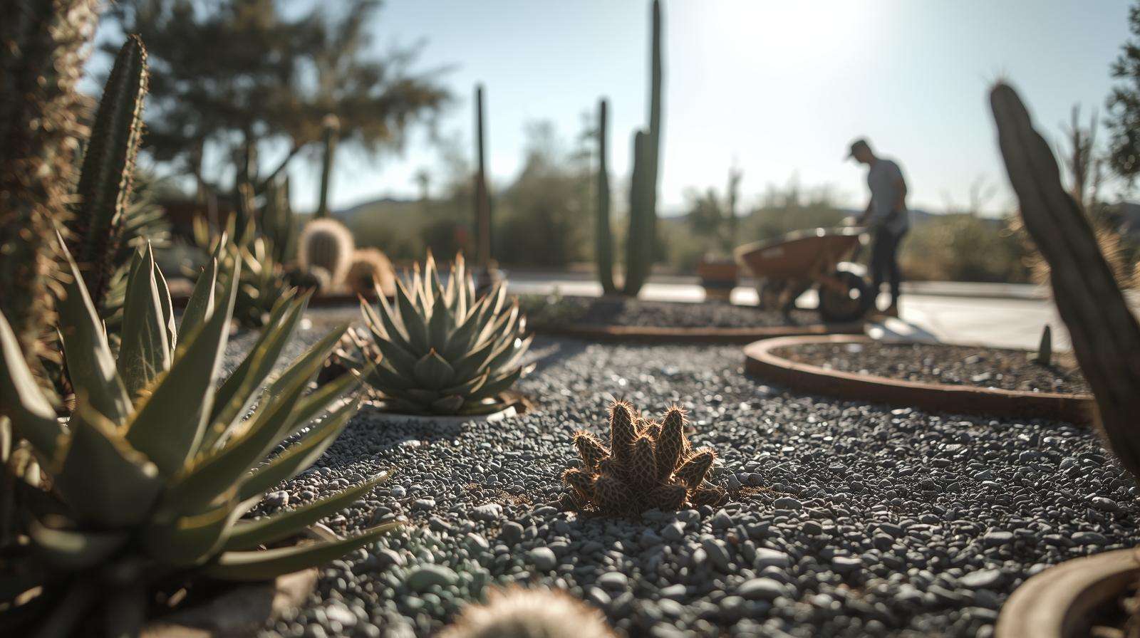 Arid garden enhanced with gravel American mulch for succulents