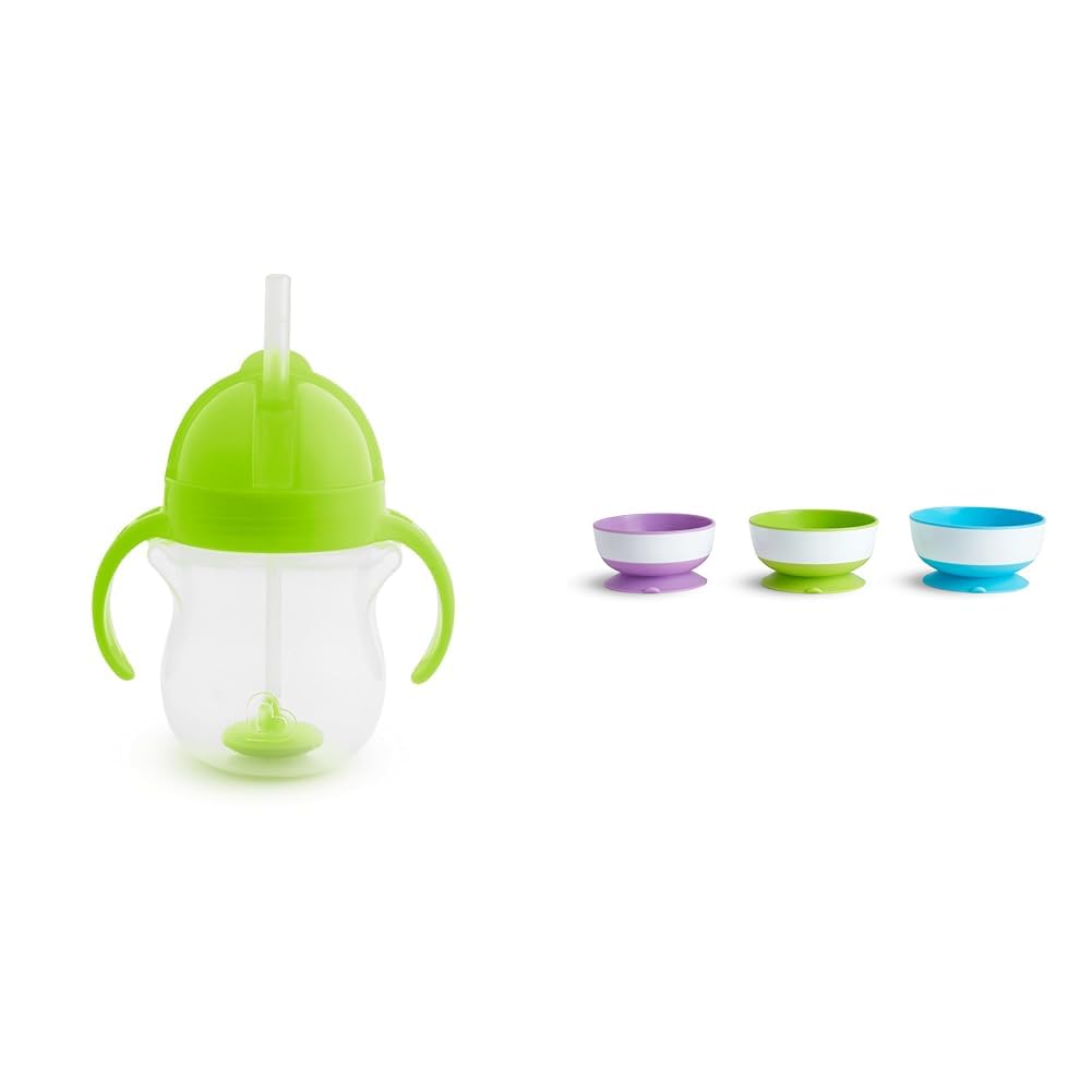 Munchkin® Any Angle™ Weighted Straw Trainer Cup with Click Lock™ Lid, 7 Ounce, Green & ® Stay Put™ Suction Bowls for Babies and Toddlers, 3 Pack, Blue/Green/Purple