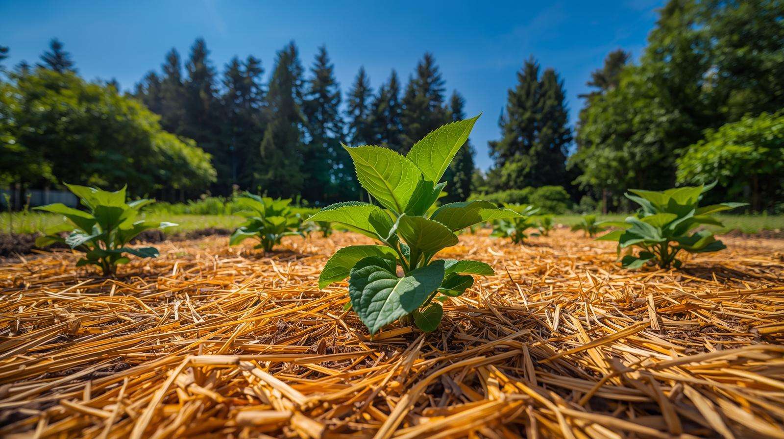 Garden bed with straw mulch protecting healthy young plants for sustainable soil health