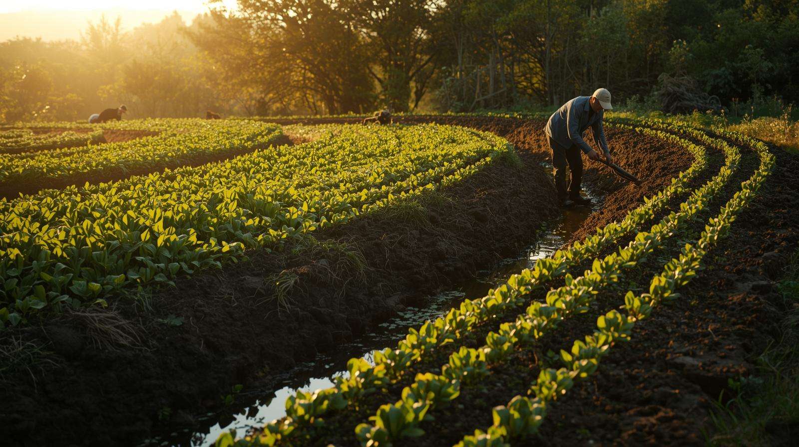 Modern permaculture farm with cover crops and water conservation swale