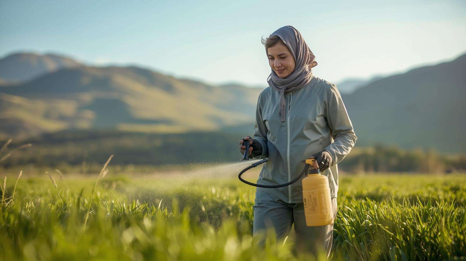 Farmer spraying essential oil repellent in Highland field for midge control.