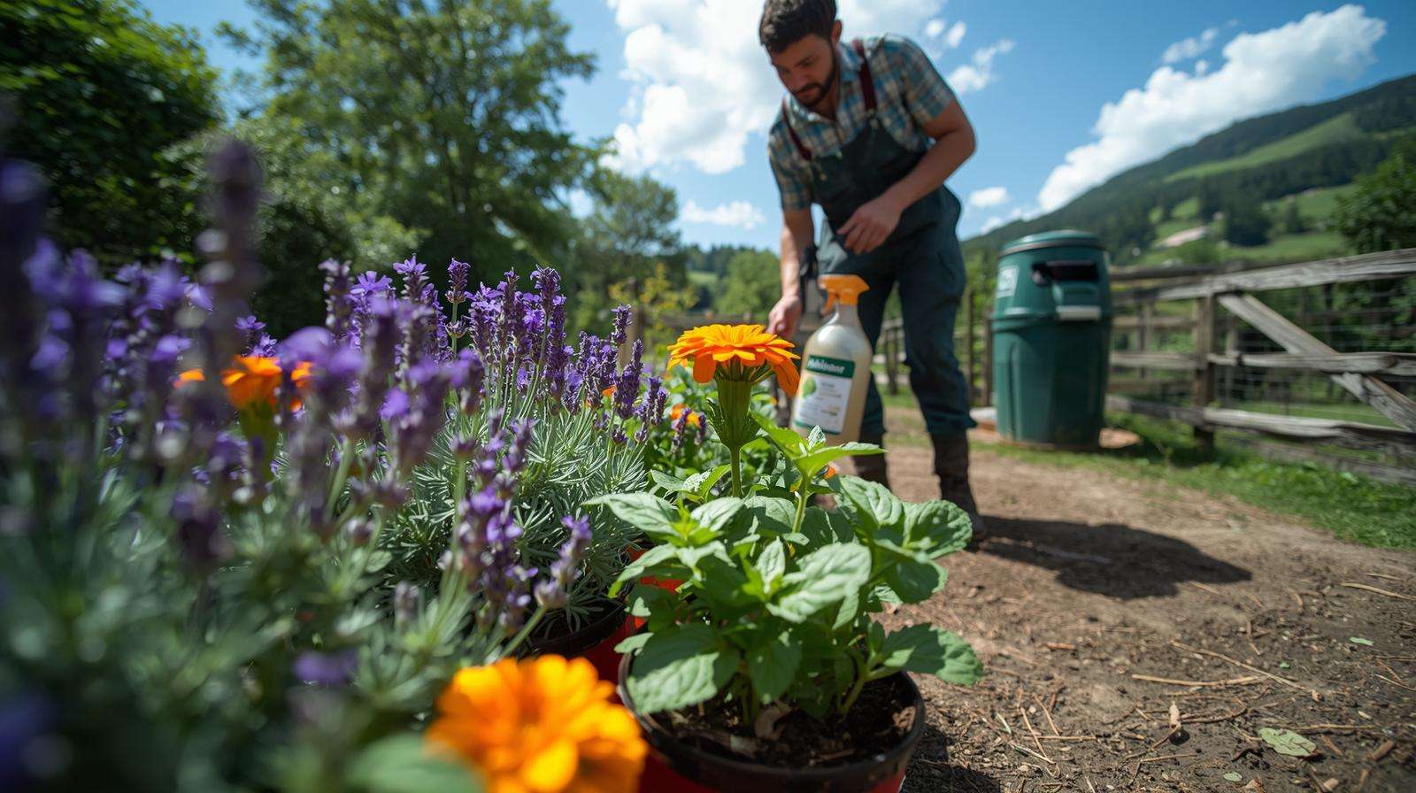 Farmer applying natural spray near lavender, marigolds, and peppermint plants by a secure compost bin on a farm.