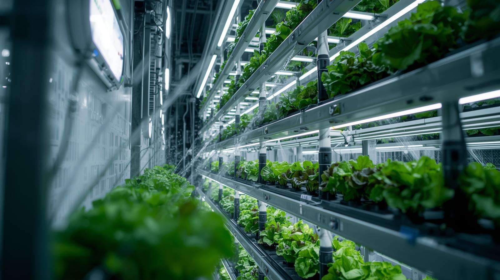 Vertical farming setup with smart sensors irrigating Black Seeded Simpson lettuce