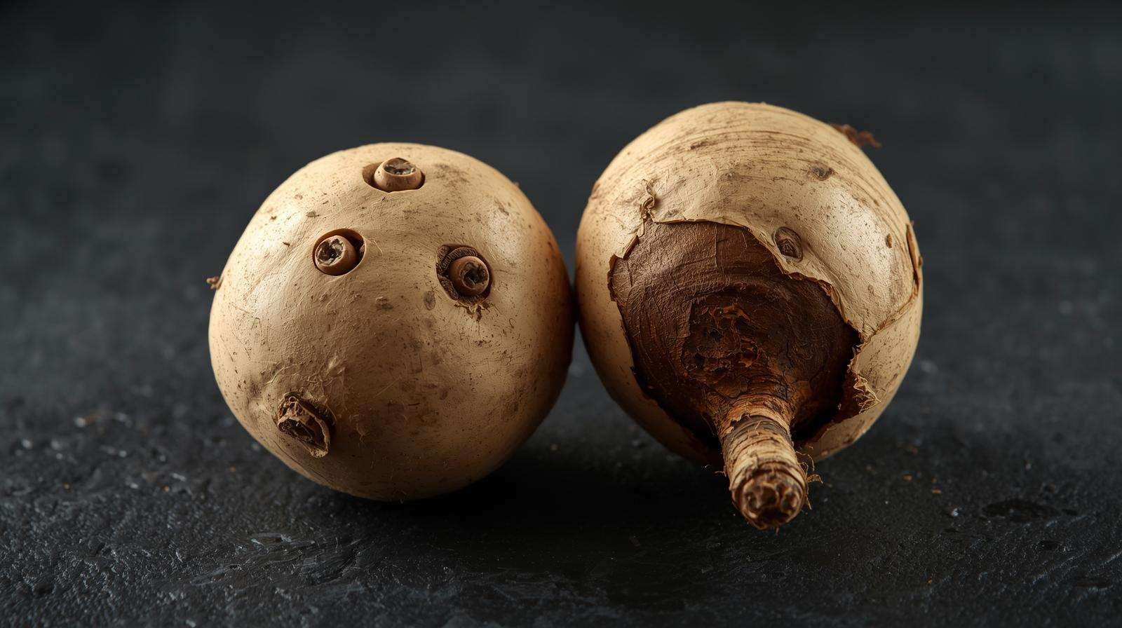 Healthy vs. damaged dahlia tuber close-up showing eyes, neck, and rot for quality selection.