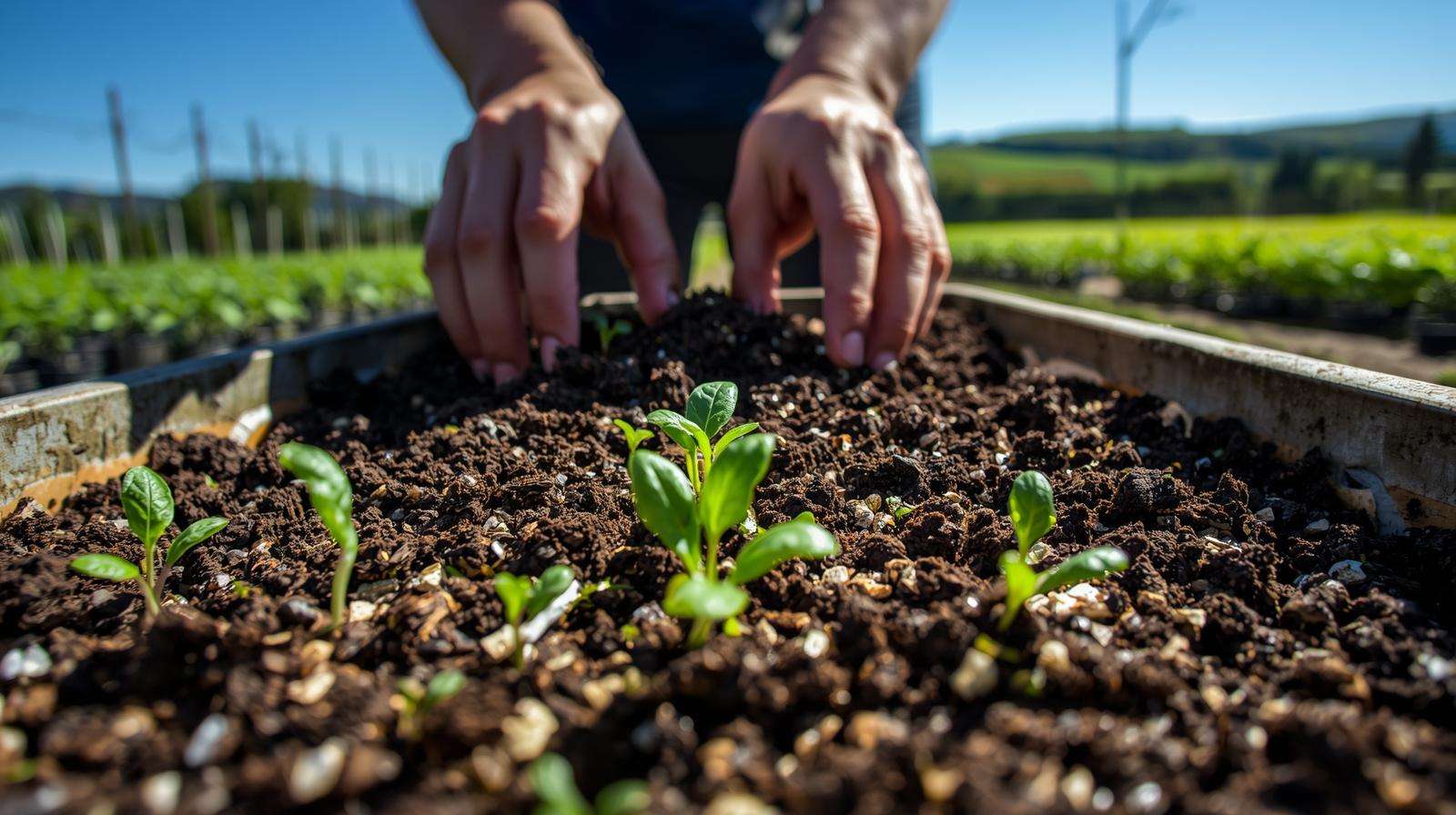 Close-up of soil preparation with compost and vermiculite in a permaculture nursery