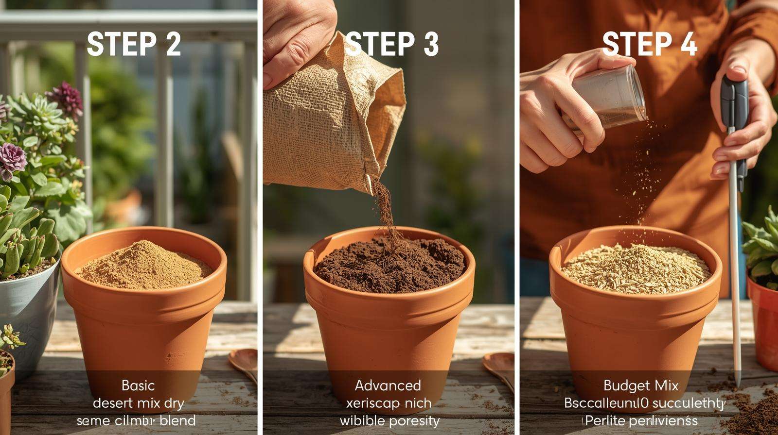 Farmer mixing sand, pumice, and perlite in three pots, demonstrating DIY succulent cacti soil recipes on a sunny balcony.