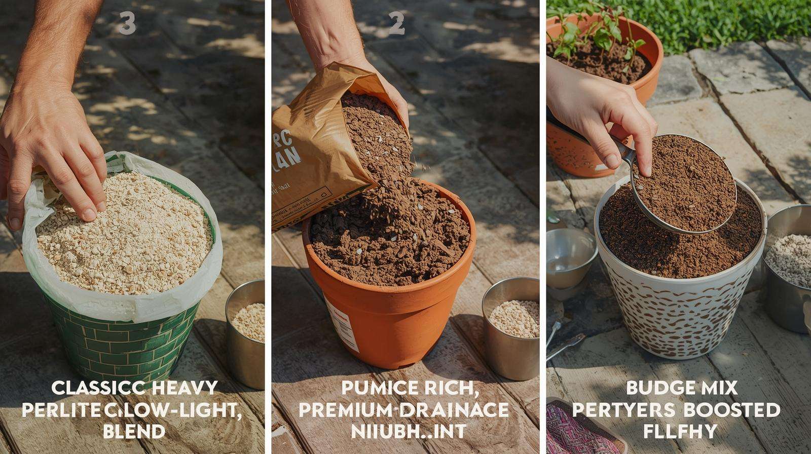 Gardener preparing perlite, pumice, and bark mixes in three pots, demonstrating DIY ZZ plant soil options on a sunny patio.