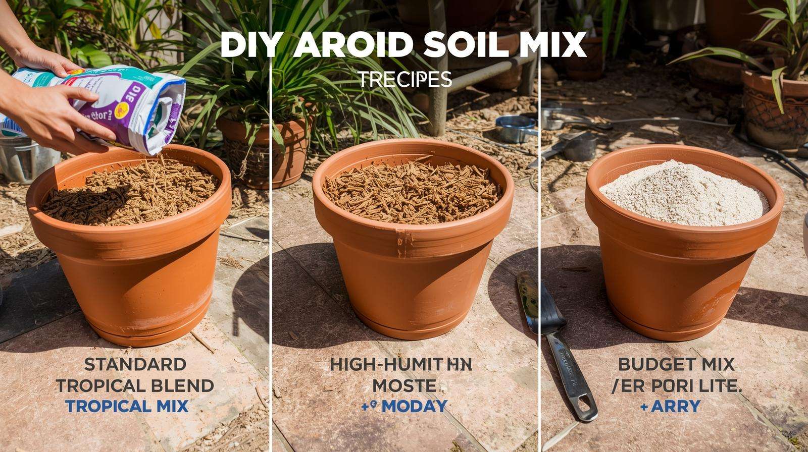 Gardener mixing bark, coir, and perlite in three pots, demonstrating DIY aroid soil mix recipes on a tropical patio.