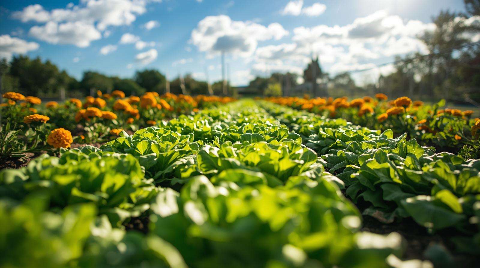 Vegetable garden with marigolds interplanted for natural pest control and crop health.