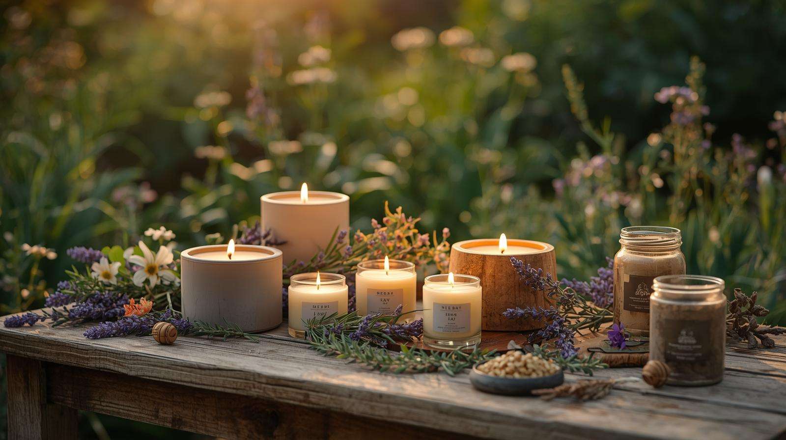 Assortment of eco-friendly bug-repellent candles with lavender and rosemary in a garden setting.