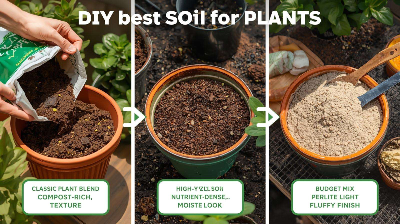 Grower mixing compost, perlite, and coco coir in three pots, demonstrating DIY best soil for plants mixes in a grow shed.