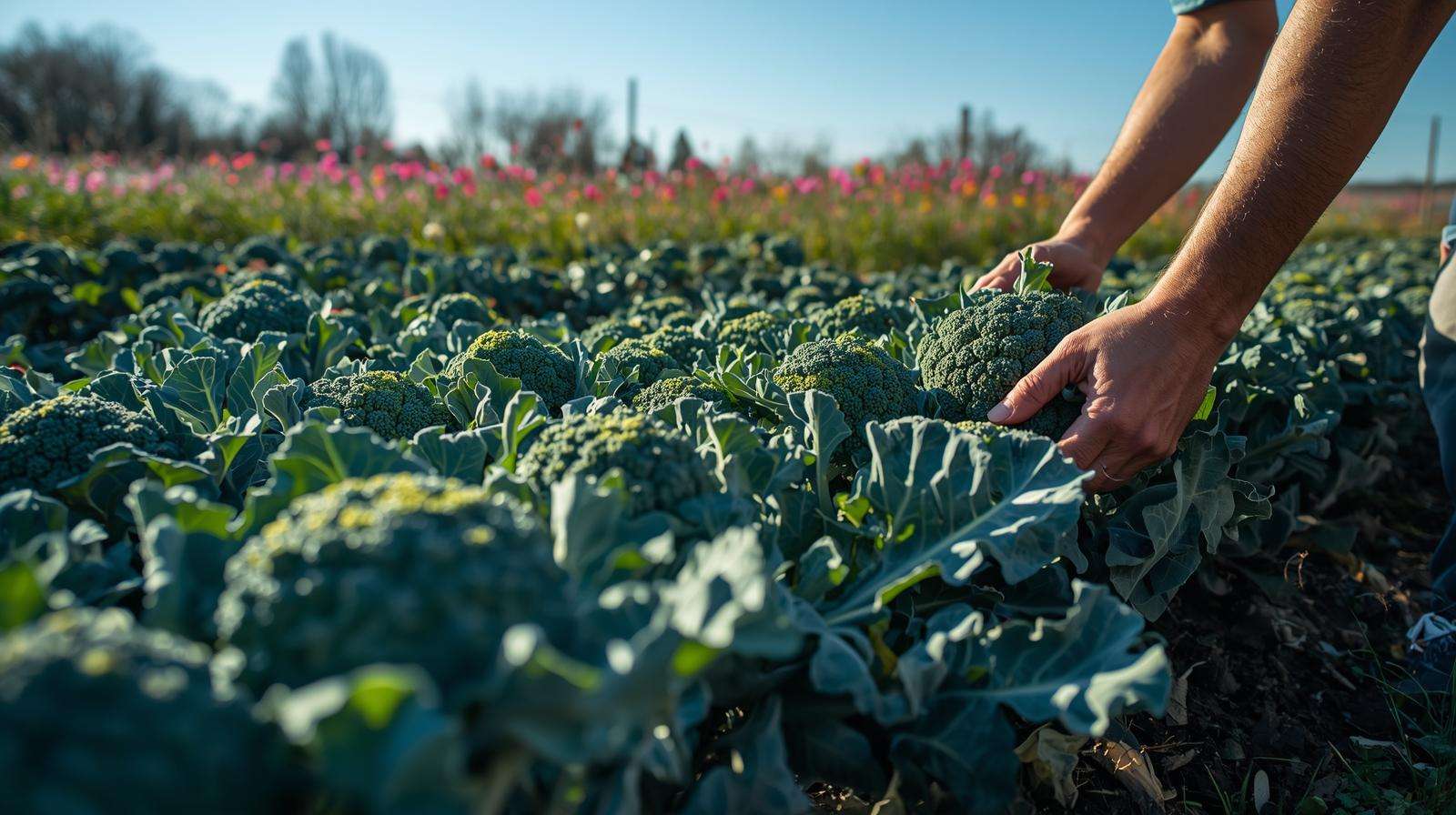Farmer inspecting vibrant broccoli heads in a spring garden, highlighting flower vegetables with lush green textures and natural beauty.