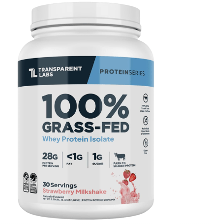 Transparent Labs Grass-Fed Whey Protein Isolate - Natural Flavor, Gluten Free Whey Protein Powder w/ 28g of Protein per Serving & 9 Essential Amino Acids - 30 Servings, Strawberry Milkshake